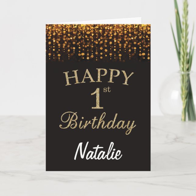 1st Birthday Black and Gold Glitter Card (Front)
