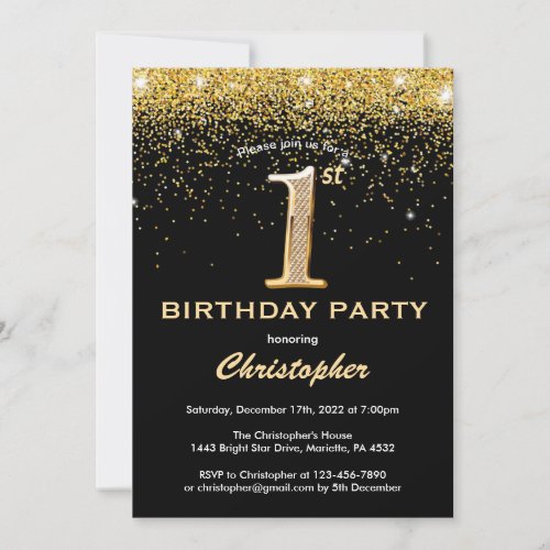 1st Birthday Black and Gold Glitter Confetti Invitation