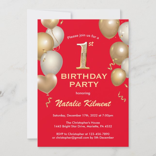 1st Birthday Black and Red Glitter Balloons Invitation (Front)