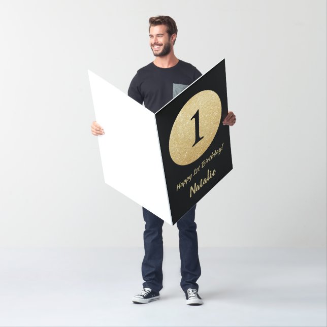 1st Birthday Black Gold Glitter Extra Large Jumbo Card (In Situ)