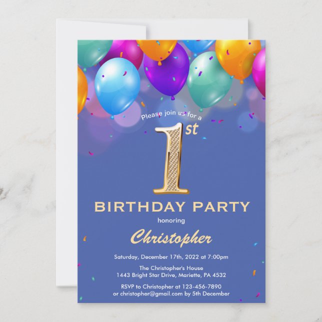 1st Birthday Blue and Gold Colorful Balloons Invitation (Front)