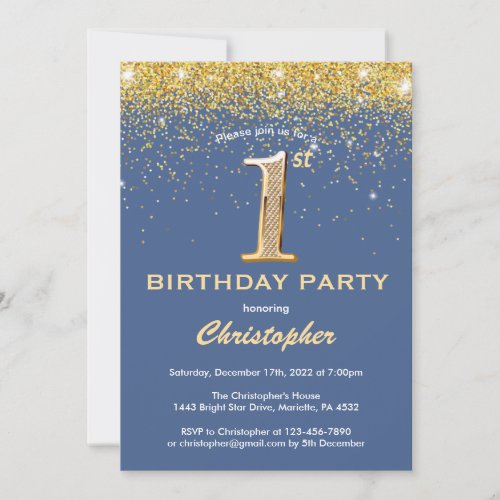 1st Birthday Blue and Gold Glitter Confetti Invitation