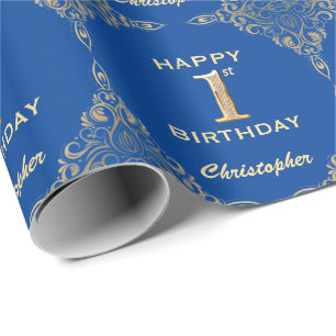 1st Birthday Blue and Gold Glitter Frame Wrapping Paper