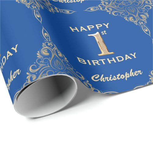 1st Birthday Blue and Gold Glitter Frame Wrapping Paper