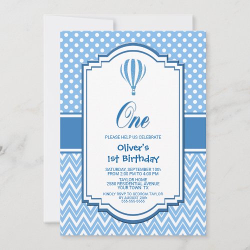 1st Birthday Blue and White Hot Air Balloon Party Invitation