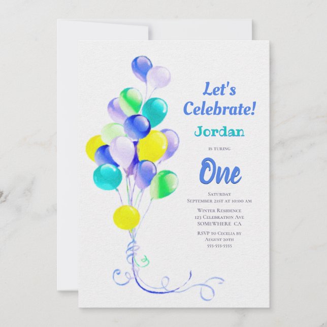 1st Birthday Blue Balloon Party Invitation (Front)