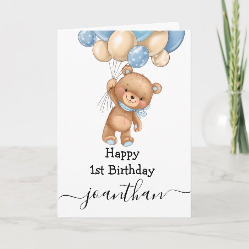 1st birthday blue balloon teddy card