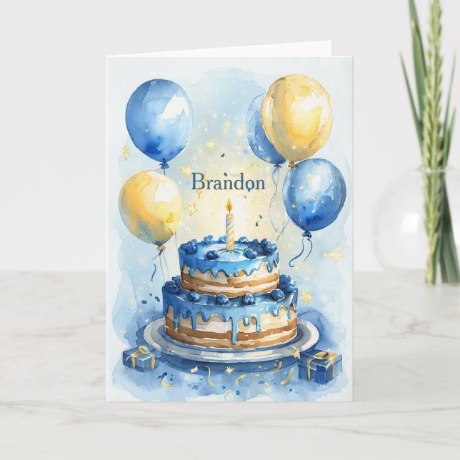 1st Birthday Blue Balloons Blueberry Boy Name Card (Front)