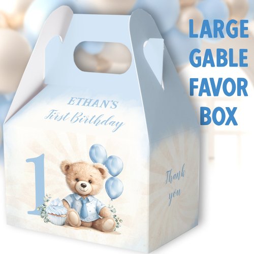 1st Birthday Blue Beige Bear Number Large Gable Favor Boxes