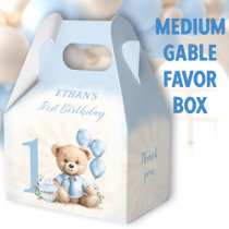 1st Birthday Blue Beige Bear Number Medium Gable Favor Boxes
