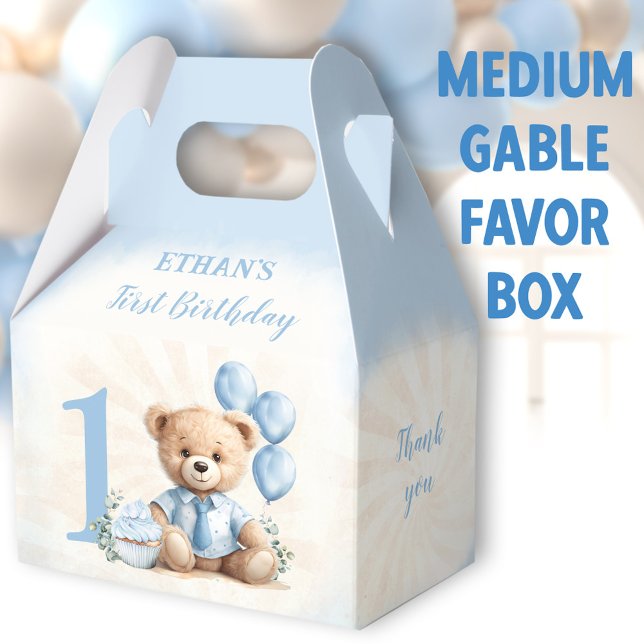 1st Birthday Blue Beige Bear Number Medium Gable Favor Boxes (Blue Bear Medium Gable Favor Boxes - You can choose from 3 sizes of these gable favor boxes)