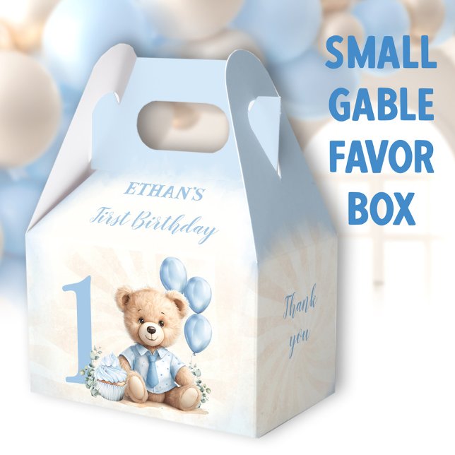 1st Birthday Blue Beige Teddy Bear Number Favor Boxes (Blue Bear Small Gable Favor Boxes - You can choose from 3 sizes of these gable favor boxes)