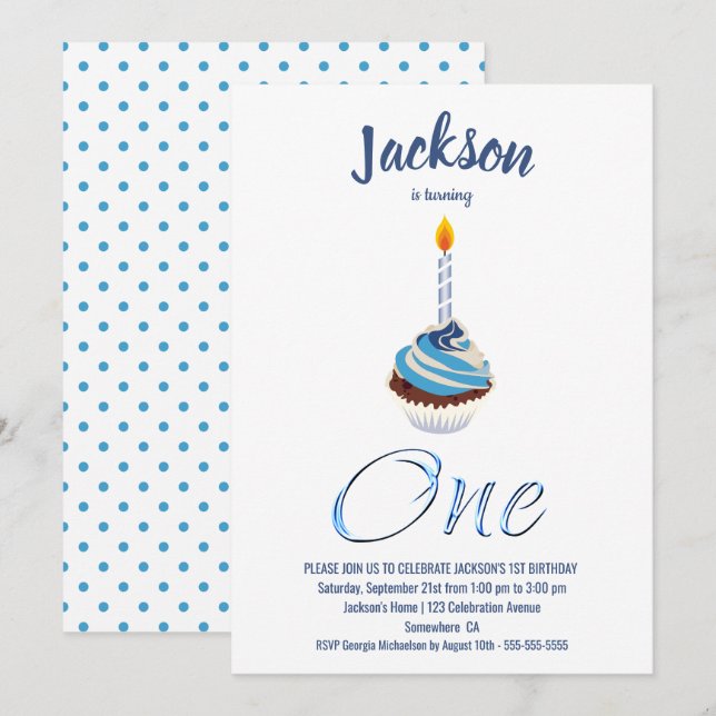 1st Birthday Blue Cupcake Party Invitation (Front/Back)