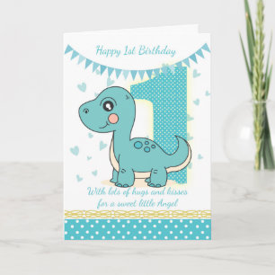 1st Birthday Blue Dinosaur Card, Babys 1st Card