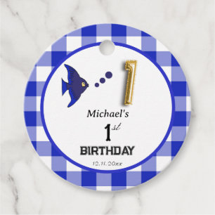 1st Birthday Blue Gingham Fish Gold Balloon Favor Tags