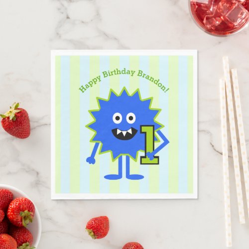 1st Birthday Blue Green Monster Boy Cute Fun Bold Napkins