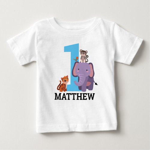 1st Birthday Blue Jungle Animals Boy Baby T_Shirt