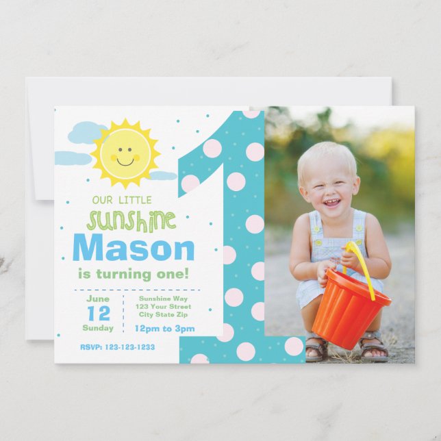 1st Birthday Blue Sunshine Party invite with photo (Front)