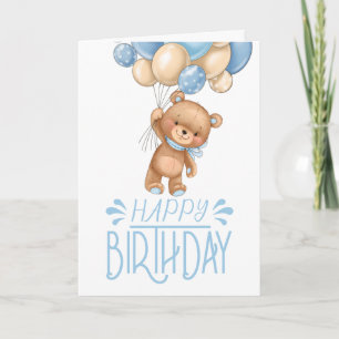 1st birthday blue teddy balloon boy card
