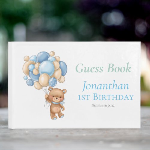1st Birthday Blue Teddy Balloons Boy Guest Book