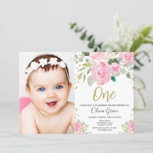 1st birthday blush pink gold floral photo birthday invitation | Zazzle