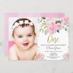 1st birthday blush pink gold floral photo birthday invitation