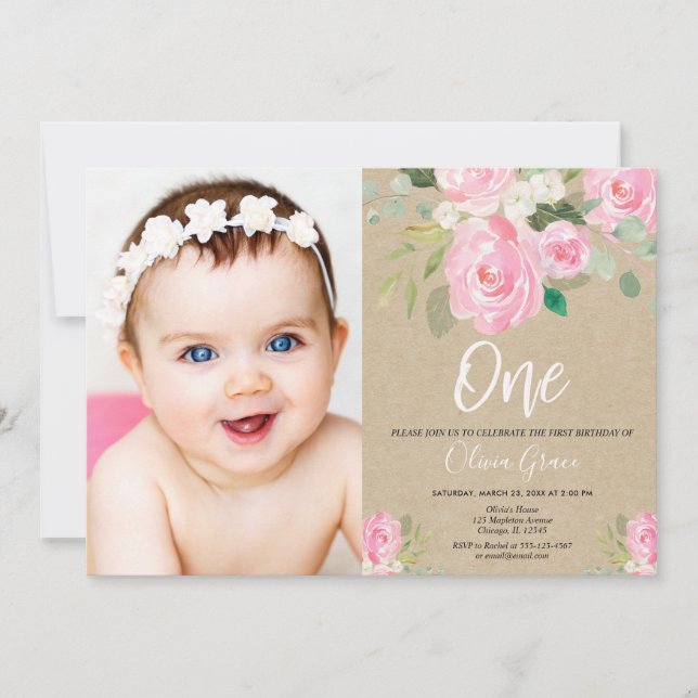 1st birthday blush pink rustic kraft floral photo invitation (Front)