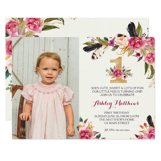 1ST Birthday Boho Feather FIRST Floral Invitation