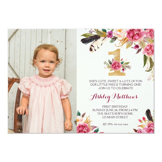 1ST Birthday Boho Feather FIRST Floral Invitation