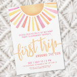 1st Birthday Boho First Trip Around The Sun Invitation<br><div class="desc">Celebrate your little one's First Trip Around the Sun with this bright and cheerful 1st birthday party invitation. At the top, "First Trip" is featured in bold script calligraphy, setting a joyful tone. The design showcases a big sun with vibrant rays in yellow, orange, pink, and red, creating a playful...</div>
