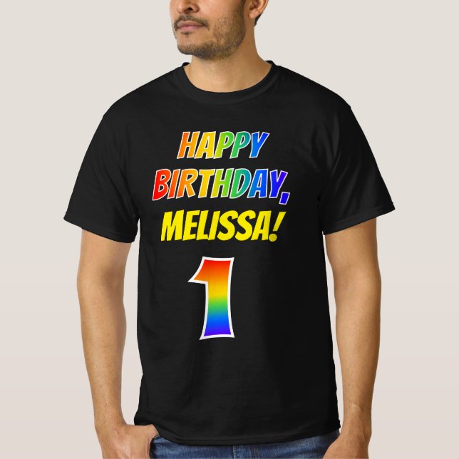 1st Birthday — Bold, Fun, Rainbow 1, Custom Name T-Shirt (Front)