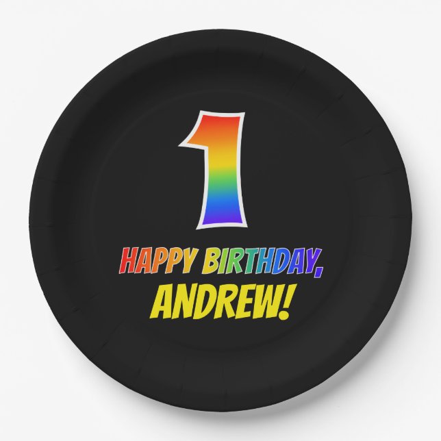 1st Birthday: Bold, Fun, Simple, Rainbow 1 Paper Plates (Front)