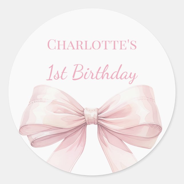 1st Birthday Bow Blush Pink Girl Classic Round Sticker (Front)