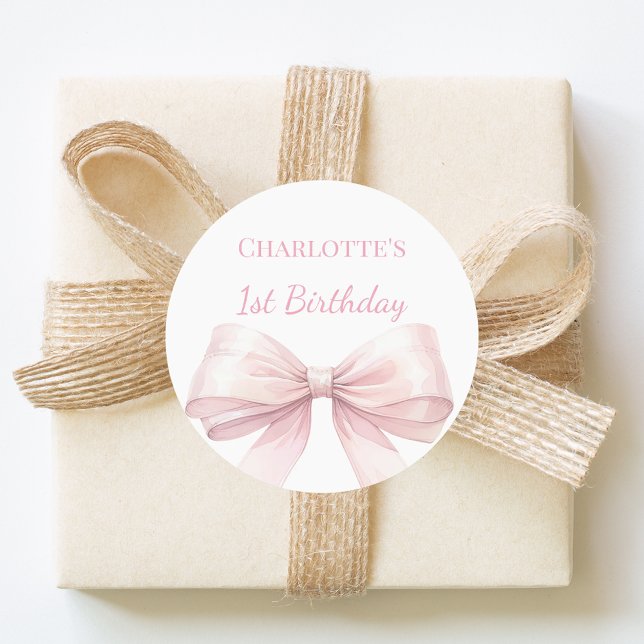 1st Birthday Bow Blush Pink Girl Classic Round Sticker (Creator Uploaded)