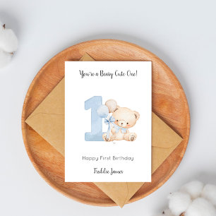 1st Birthday Boy Balloon Teddy Bear Card
