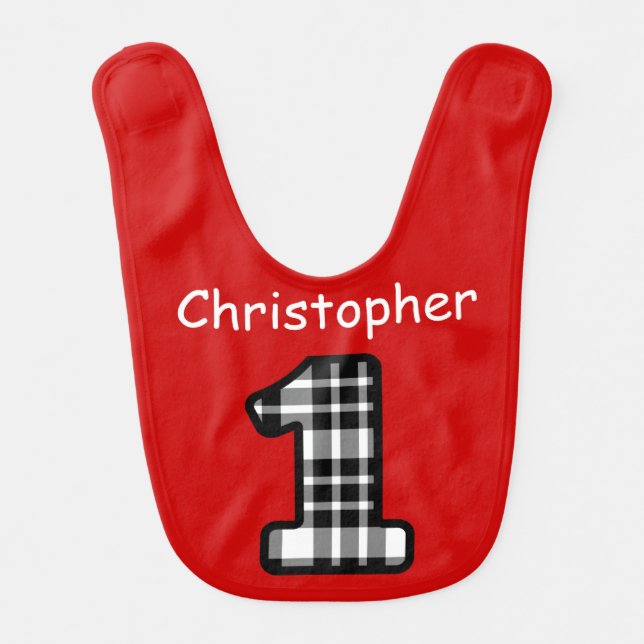 1st Birthday Boy BLACK Plaid Custom Name V05 Bib (Front)