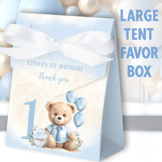 1st Birthday Boy Blue Beige Teddy Bear Large Tent Favor Boxes