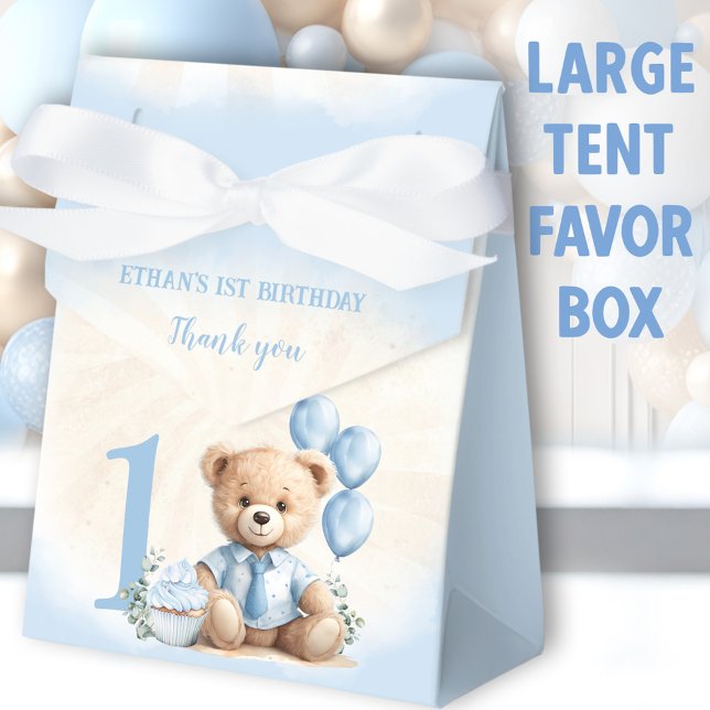 1st Birthday Boy Blue Beige Teddy Bear Large Tent Favor Boxes (Blue Bear Large Tent Favor Boxes - You can choose from 2 sizes of these tent favor boxes)