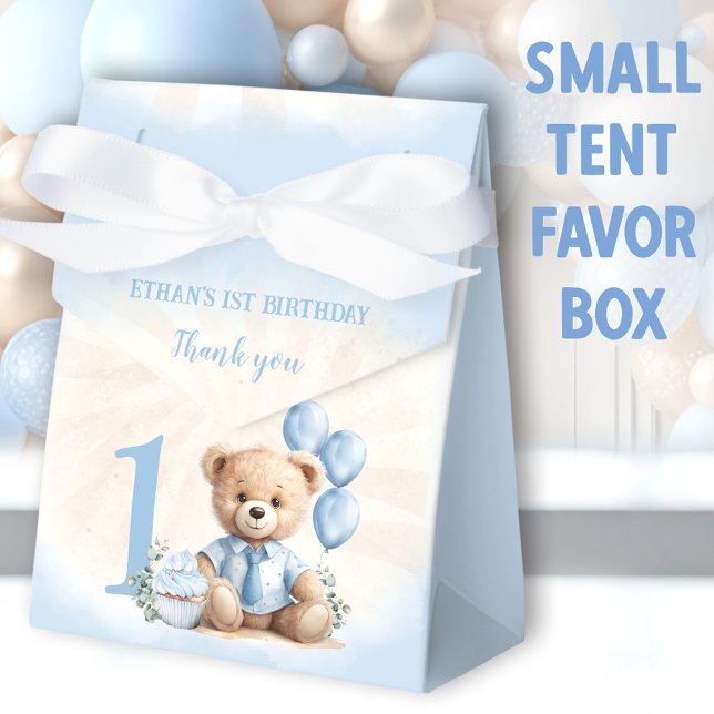 1st Birthday Boy Blue Beige Teddy Bear Tent Favor Boxes (Blue Bear Small Tent Favor Boxes - You can choose from 2 sizes of these tent favor boxes)