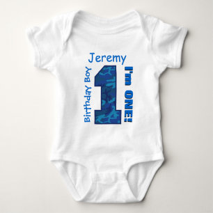 1st Birthday Boy Blue CAMO 1 Year Custom Name V01 Baby Bodysuit