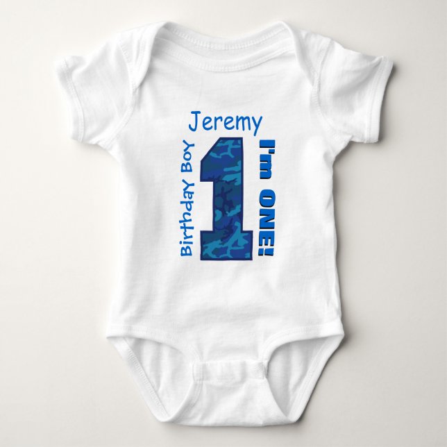 1st Birthday Boy Blue CAMO 1 Year Custom Name V01 Baby Bodysuit (Front)