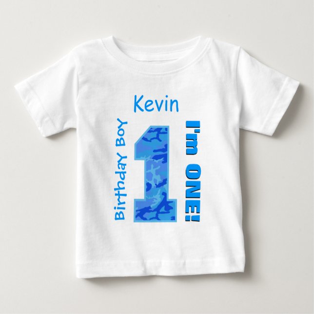 1st Birthday Boy Blue Camo One Year Old B3BZ Baby T-Shirt (Front)