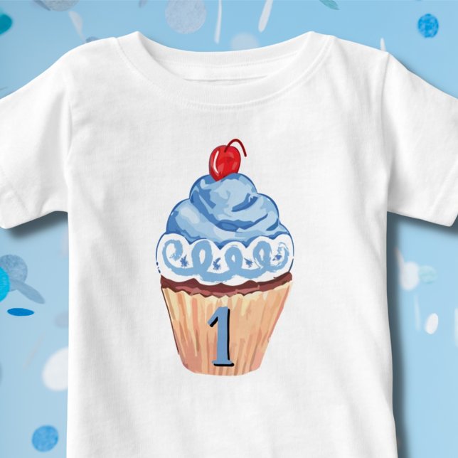 1st Birthday Boy Blue Cupcake Baby T-Shirt (Creator Uploaded)
