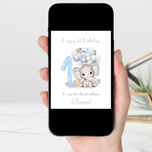 1st Birthday Boy Blue Cute Elephant Balloons Card (Front Digital)