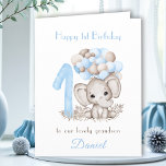 1st Birthday Boy Blue Cute Elephant Balloons Card<br><div class="desc">Cute folded card with an adorable elephant,  big number one and balloons in soft blue and grey shades for the 1st Birthday of a baby boy. Easily personalize this card with your own text. - Kate Eden Art</div>