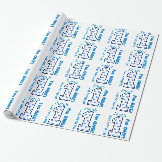 1st Birthday Boy Blue Hearts One Year Old B01Z Wrapping Paper (Unrolled)