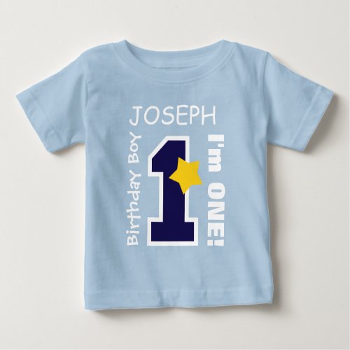 1st Birthday Boy BLUE One Year Custom Name BABY1 Baby T_Shirt