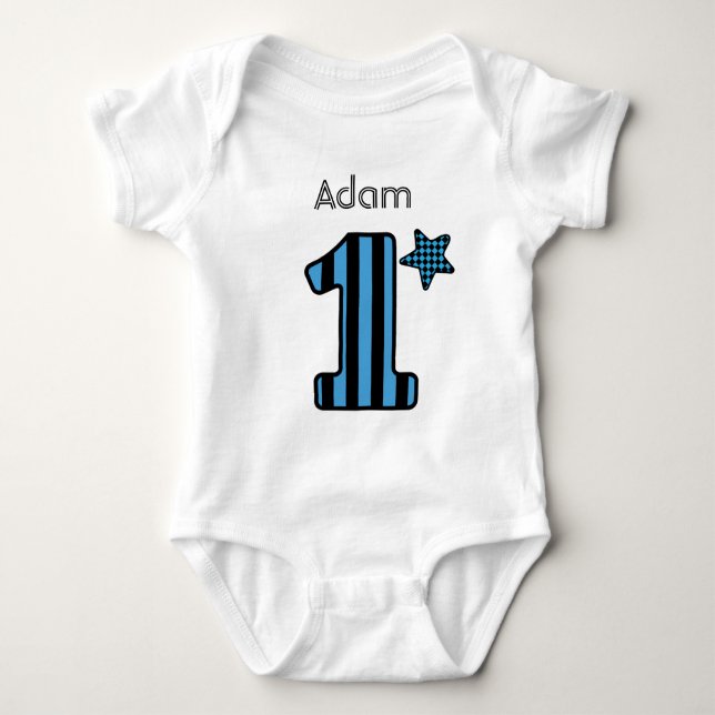 1st Birthday Boy BLUE STRIPES Custom Name V01B Baby Bodysuit (Front)