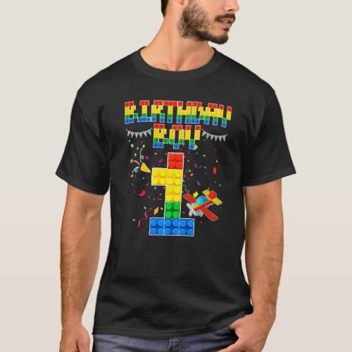 1st Birthday Boy Building Brick 1 Years Old Blocks T_Shirt