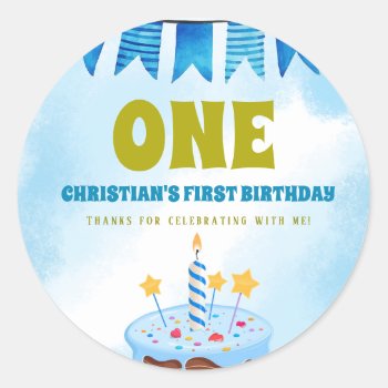 1st Birthday Boy Cake Classic Round Sticker by ThreeFoursDesign at Zazzle